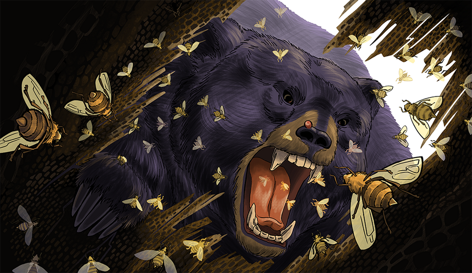Children&#39;s book spread inspired by the fable &quot;The Bear and the Bees.&quot; Digital, 2023.