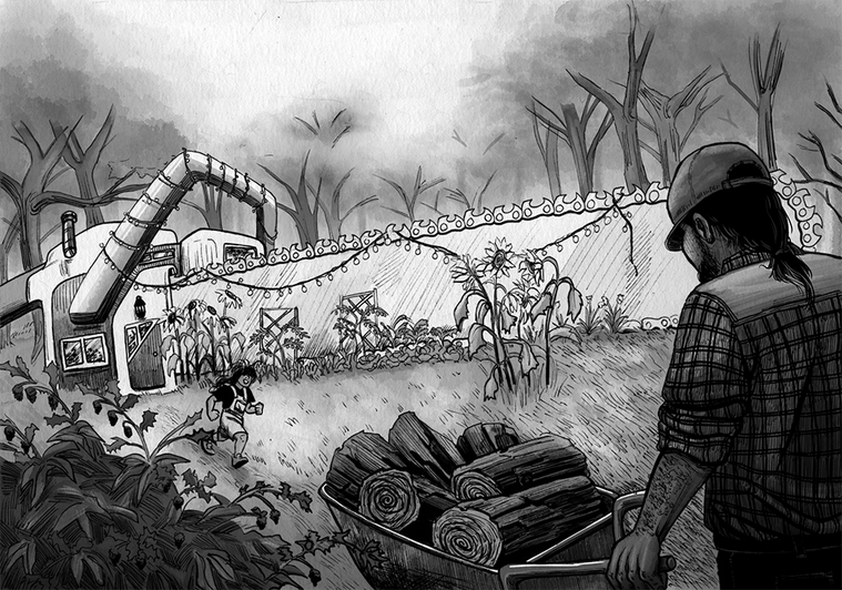 "Suitable Home for a Lumberjack." Ink on Bristol paper, 2022.